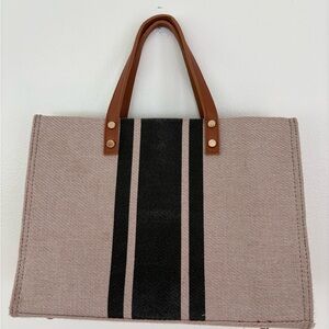 Canvas Tote Bag with Black Stripe and Brown Handles